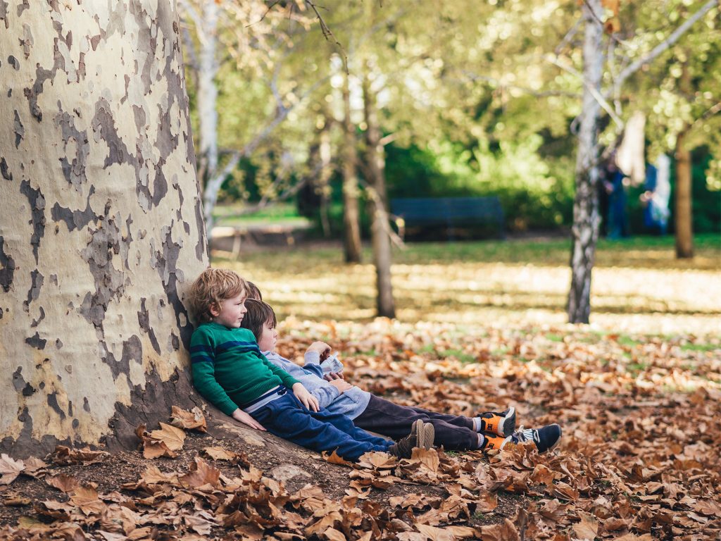 Children sitting by tree in autumn 