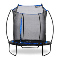 An 8ft round trampoline with a Springsafe enclosure, black with blue trim, designed for outdoor play for children aged 6 and above.
