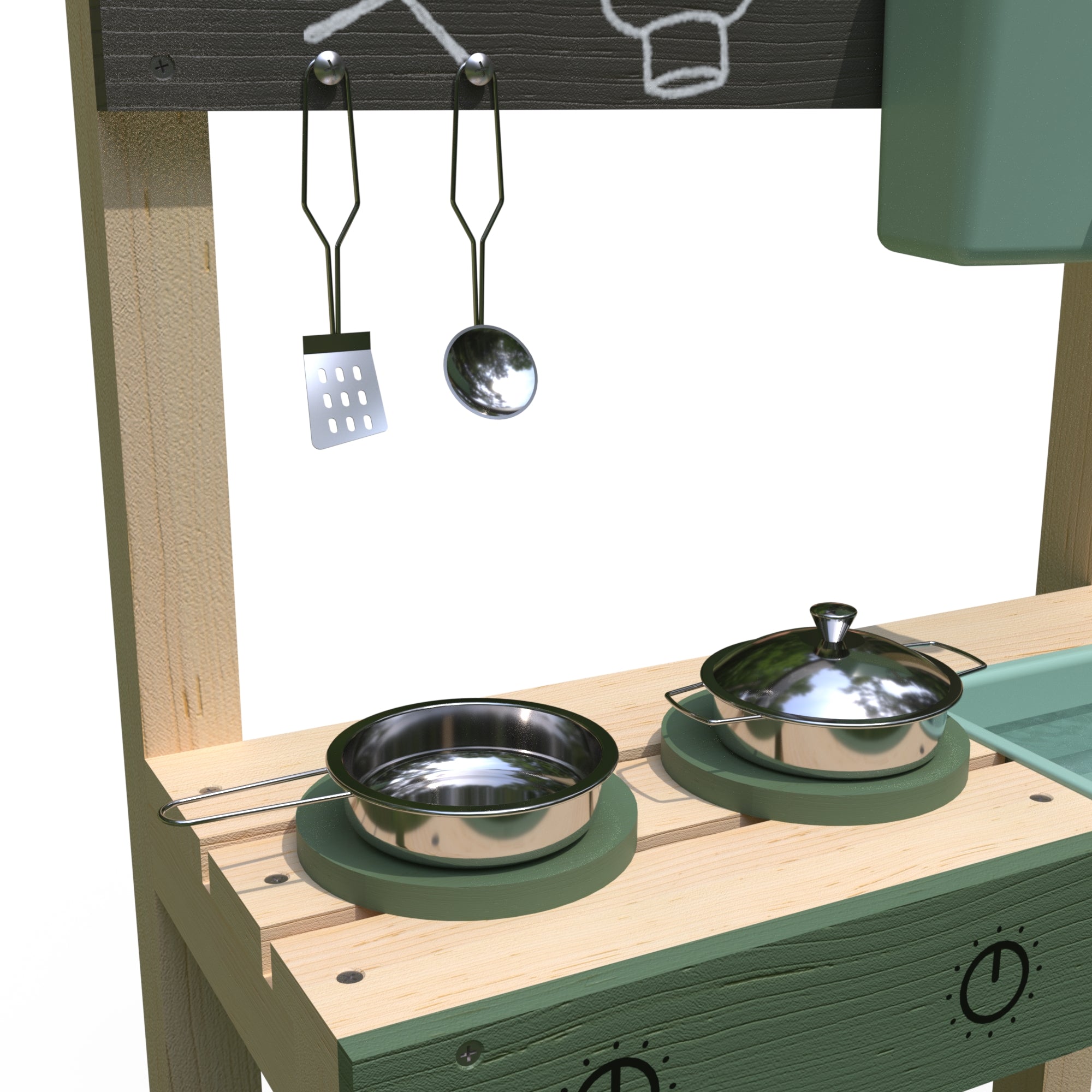 Puddle & Pie Outdoor Mud Kitchen hob and chalkboard