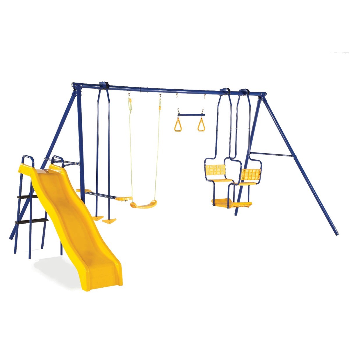 Plum Play 5 in 1 Unit Metal Swing Set with trapeze bar, slide, glider and swing