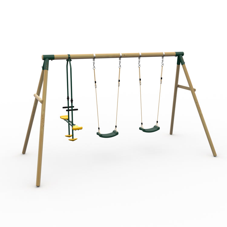 Plum Colobus Wooden Garden Swing Set - Double Swing & Glider - Green (Ages 3+)
