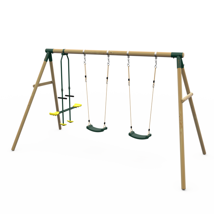 Plum Colobus Wooden Garden Swing Set - Double Swing & Glider - Green (Ages 3+)