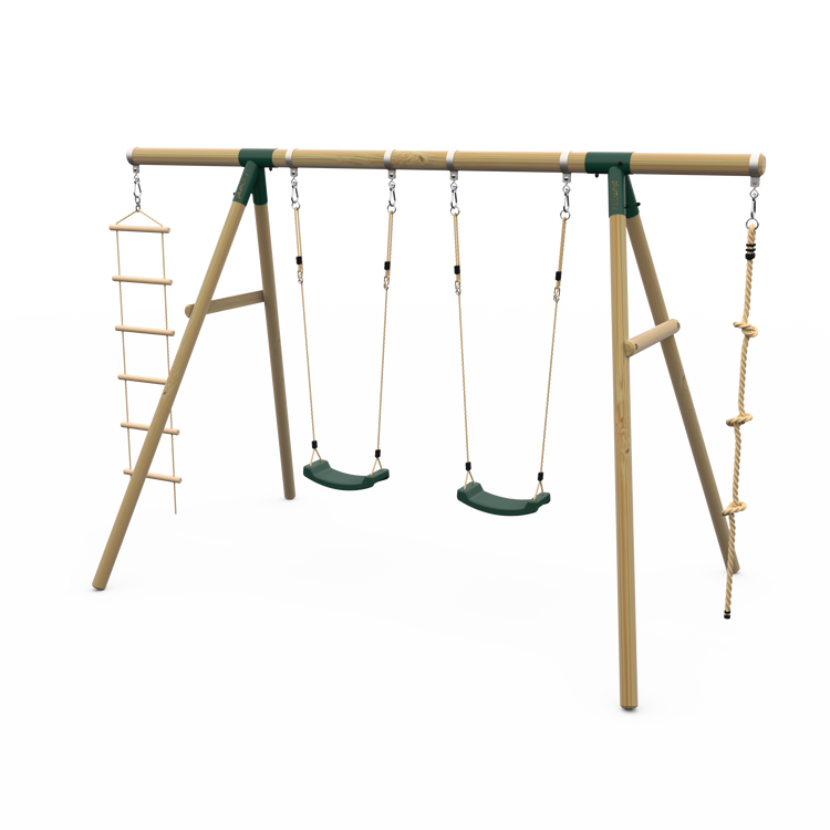Plum Gibbon Wooden Swing Set – Double Swing & Rope Ladder – Green (Ages 3+)