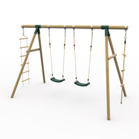 Plum Gibbon Wooden Swing Set – Double Swing & Rope Ladder – Green (Ages 3+)