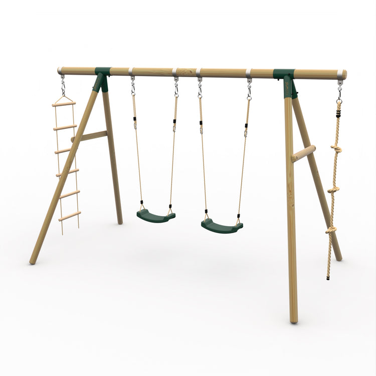Plum Gibbon Wooden Swing Set – Double Swing & Rope Ladder – Green (Ages 3+)