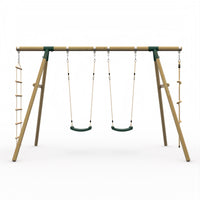 Plum Gibbon Wooden Swing Set – Double Swing & Rope Ladder – Green (Ages 3+)