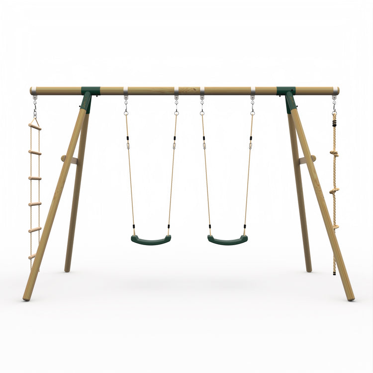 Plum Gibbon Wooden Swing Set – Double Swing & Rope Ladder – Green (Ages 3+)