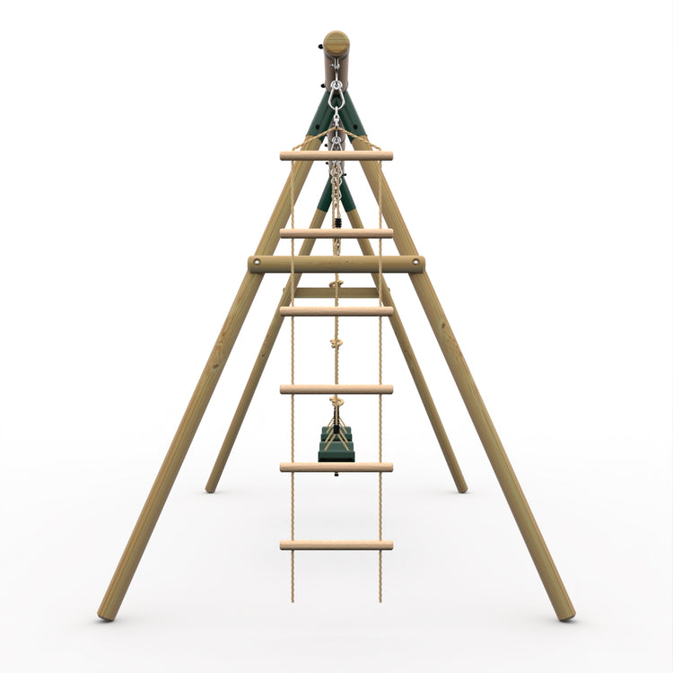 Plum Gibbon Wooden Swing Set – Double Swing & Rope Ladder – Green (Ages 3+)