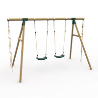 Plum Gibbon Wooden Swing Set – Double Swing & Rope Ladder – Green (Ages 3+)