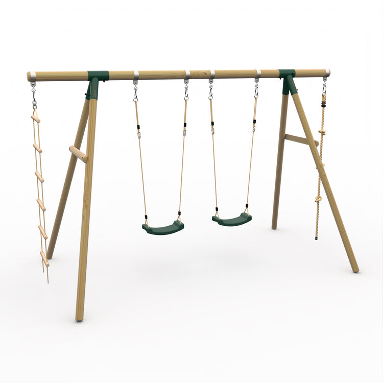 Plum Gibbon Wooden Swing Set – Double Swing & Rope Ladder – Green (Ages 3+)