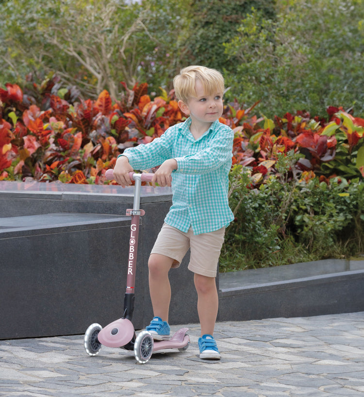 Globber Primo Foldable Scooter with Lights – Berry (EcoLogic Edition)